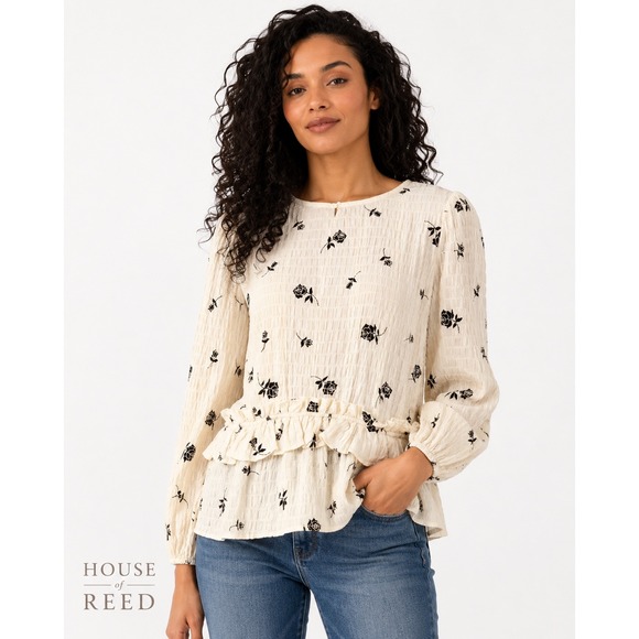 fab'rik Tops - Fab'rik Floral Peplum Blouse Cream Black Rose Print Long Sleeve Top T3080 Medium